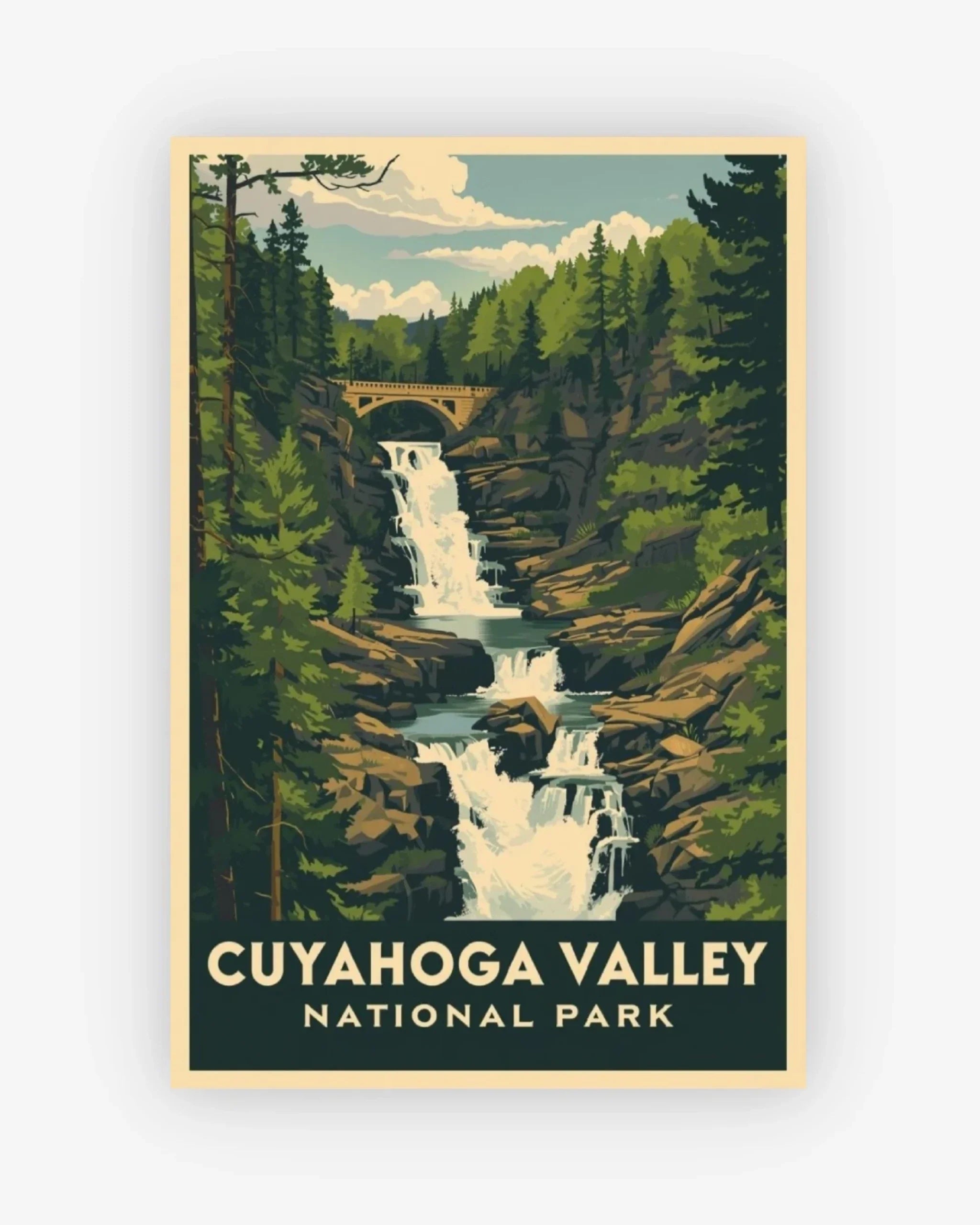 Poster of Cuyahoga Valley National Park with a waterfall and forest.