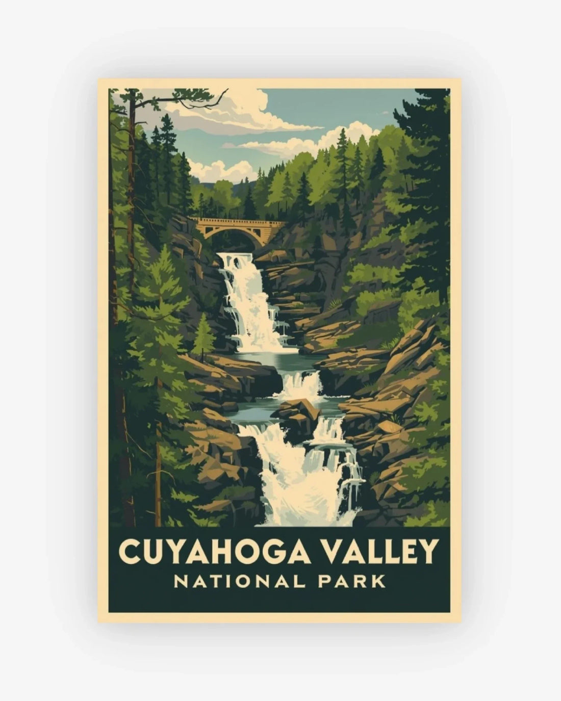 Poster of Cuyahoga Valley National Park with a waterfall and forest.
