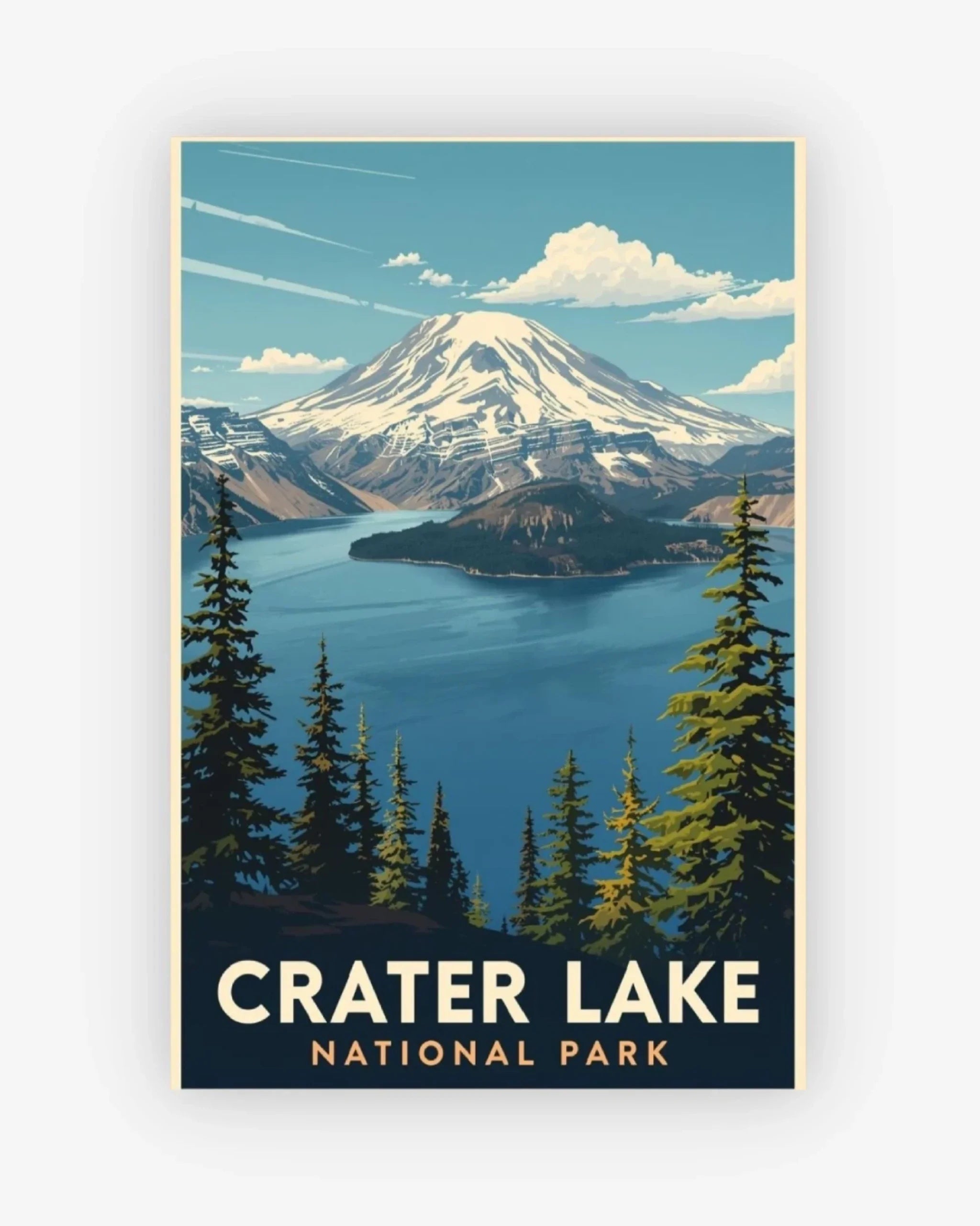 Poster of Crater Lake National Park with a mountain and lake view.