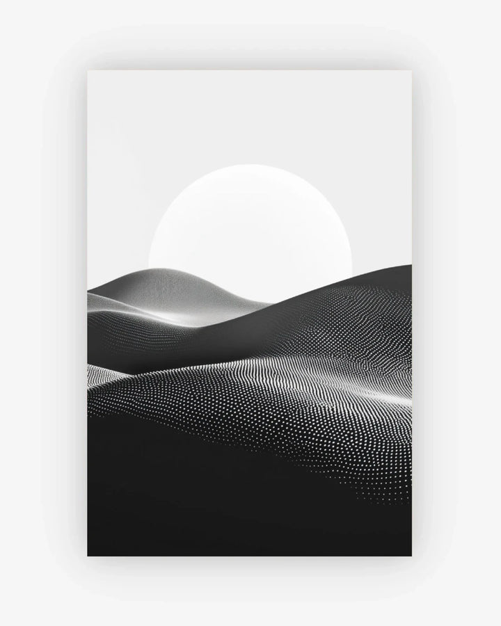 Black and white abstract landscape with a large sun on a white background