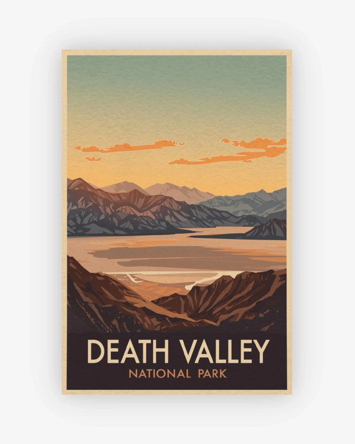Poster of Death Valley National Park with mountains and lake illustration.