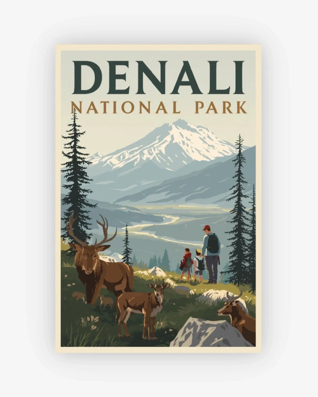 Poster of Denali National Park with mountains, trees, and people observing wildlife.