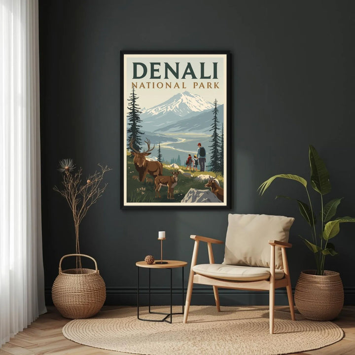 Framed Denali National Park poster in a room with a chair, table, and plants.