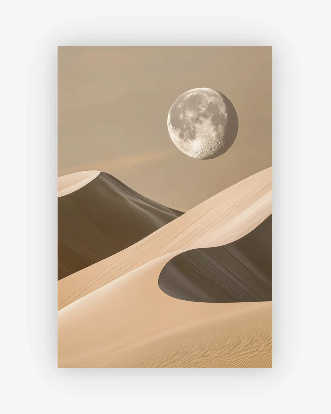 Desert landscape with sand dunes and a large moon in the sky