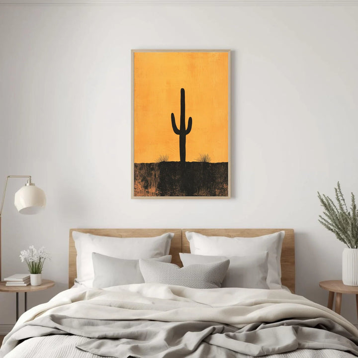 Bedroom with a cactus painting on the wall
