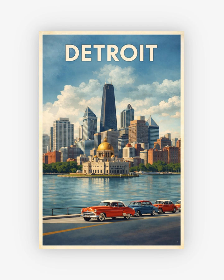 Vintage-style poster of Detroit with a city skyline and classic cars.