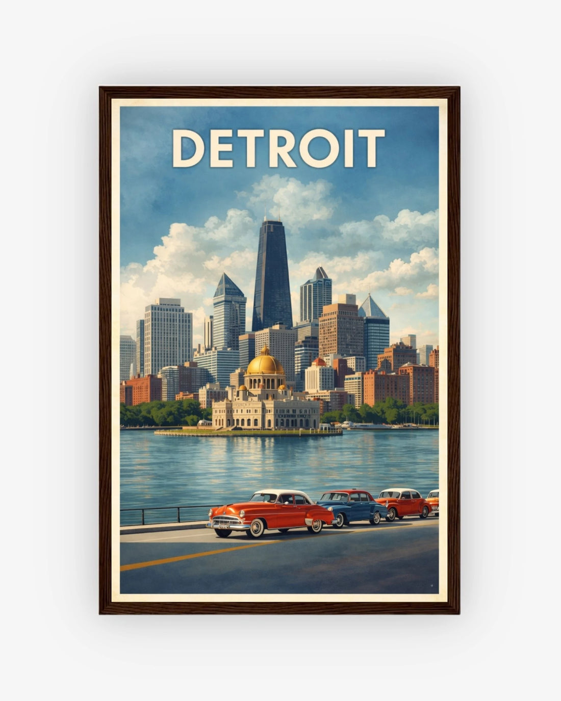 Detroit travel poster with dark wood frame