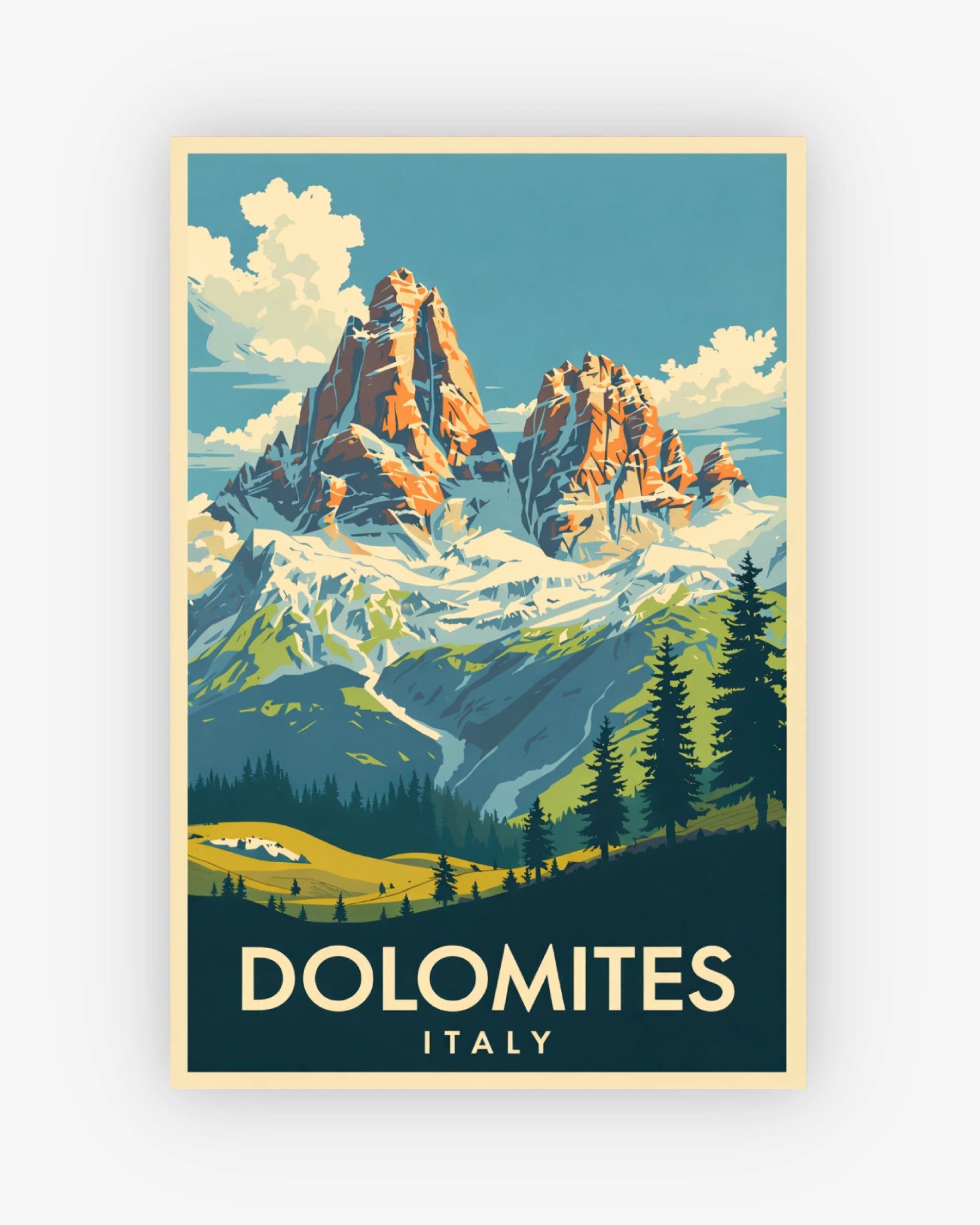 Poster of the Dolomites in Italy with mountains and trees.