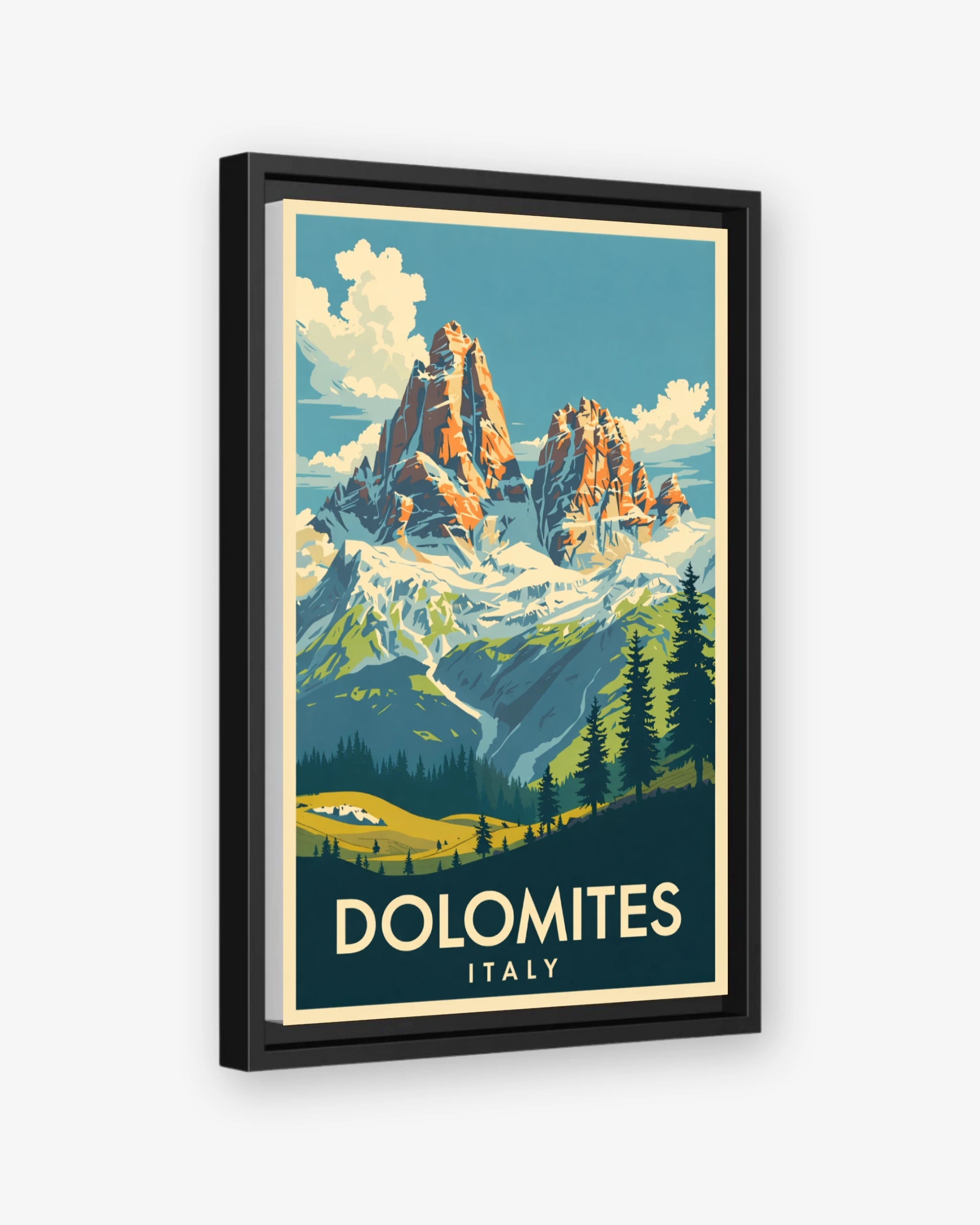 Dolomites Italy travel poster black framed canvas