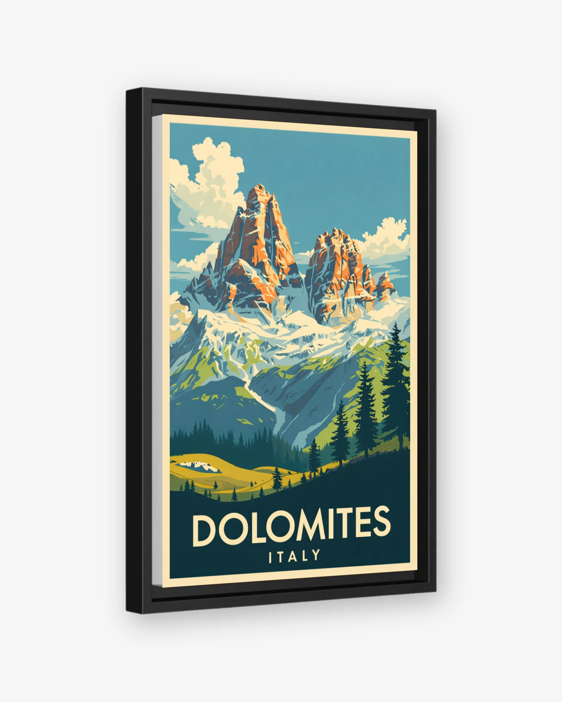 Dolomites Italy travel poster black framed canvas
