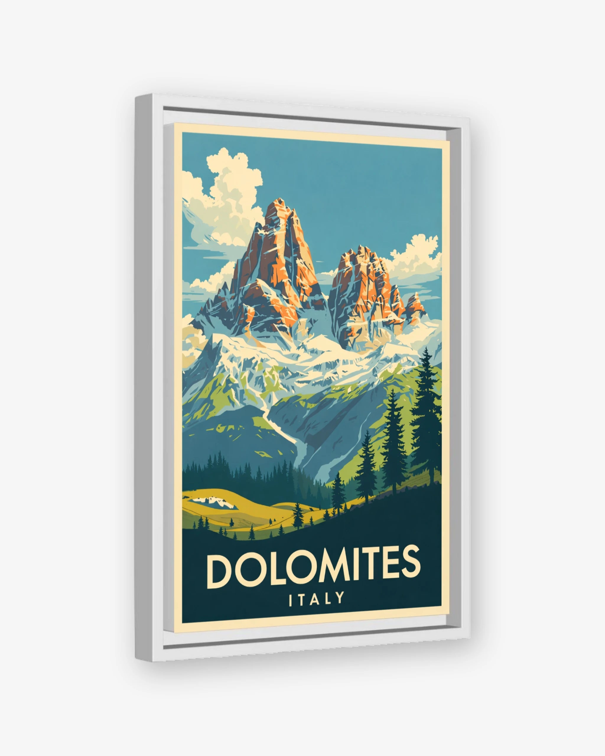 Dolomites Italy travel poster white framed canvas