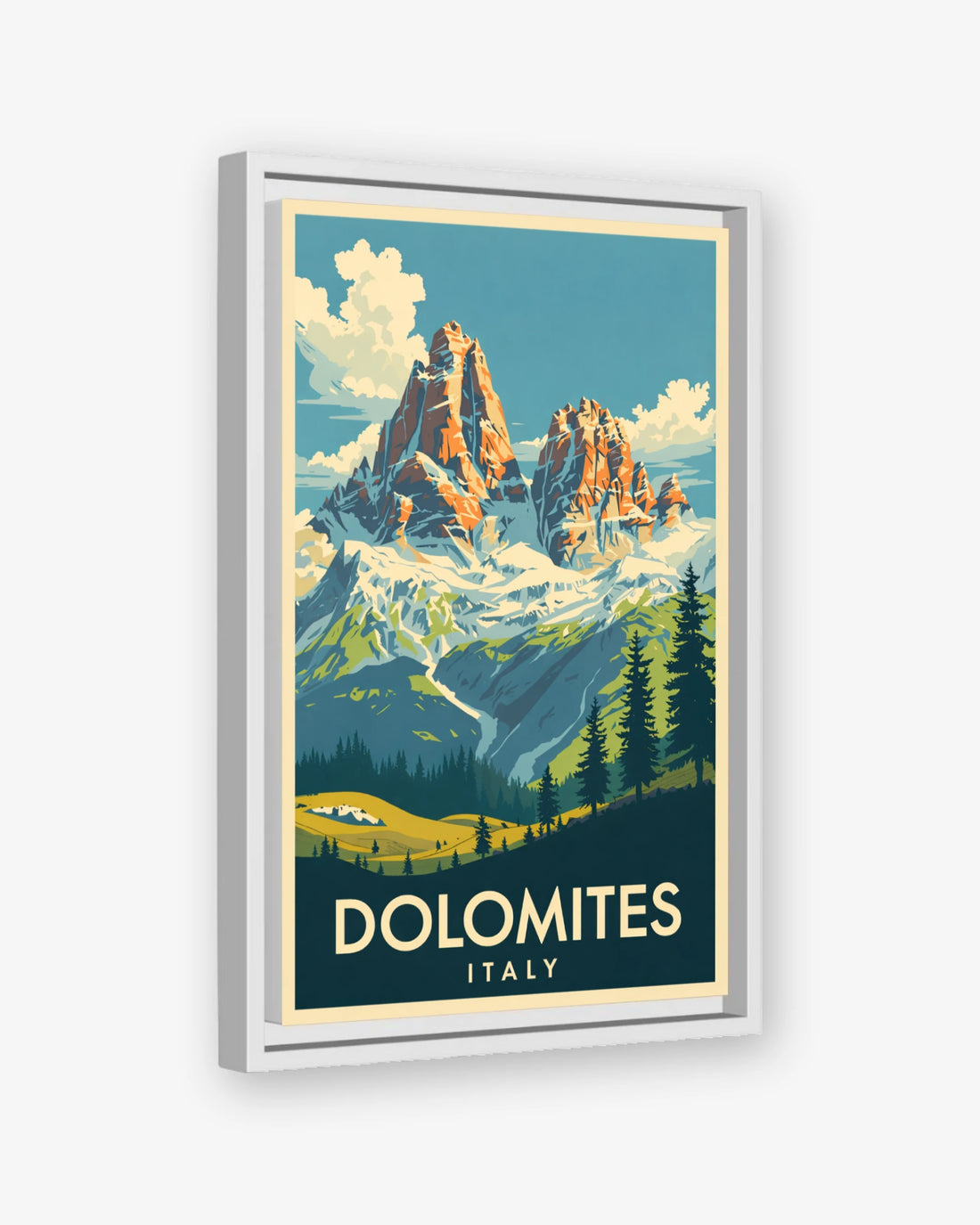 Dolomites Italy travel poster white framed canvas