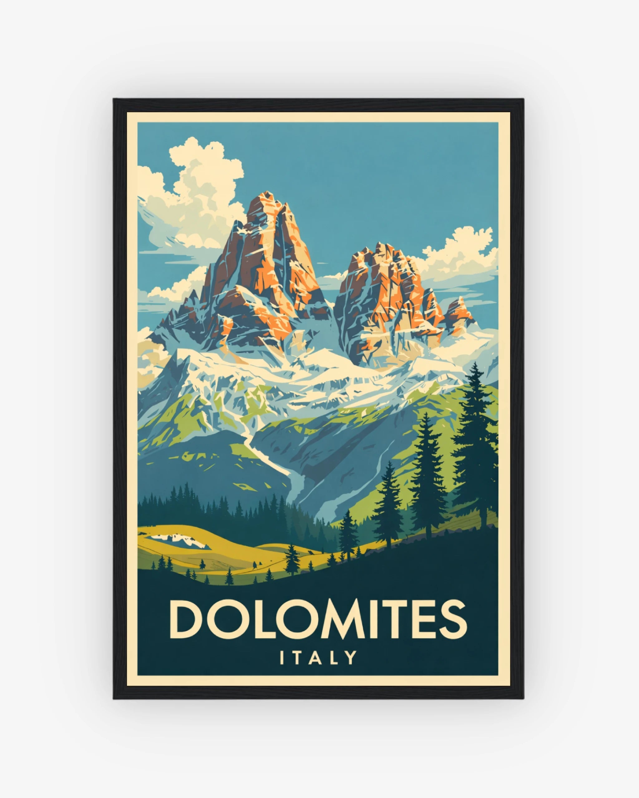 Dolomites Italy travel poster with black frame
