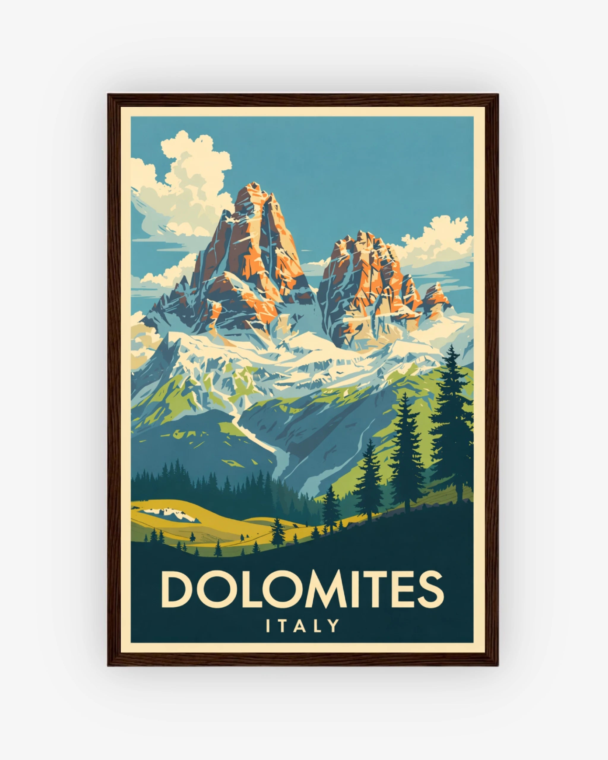 Dolomites Italy travel poster with dark wood frame