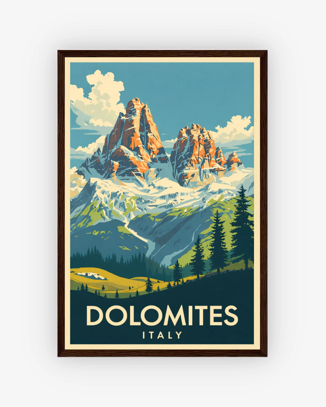 Dolomites Italy travel poster with dark wood frame
