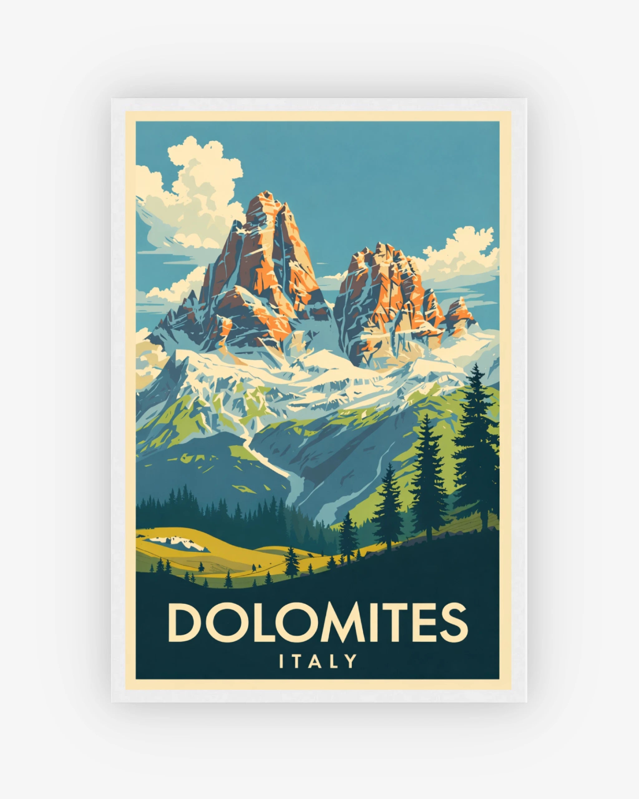 Dolomites Italy travel poster with white frame