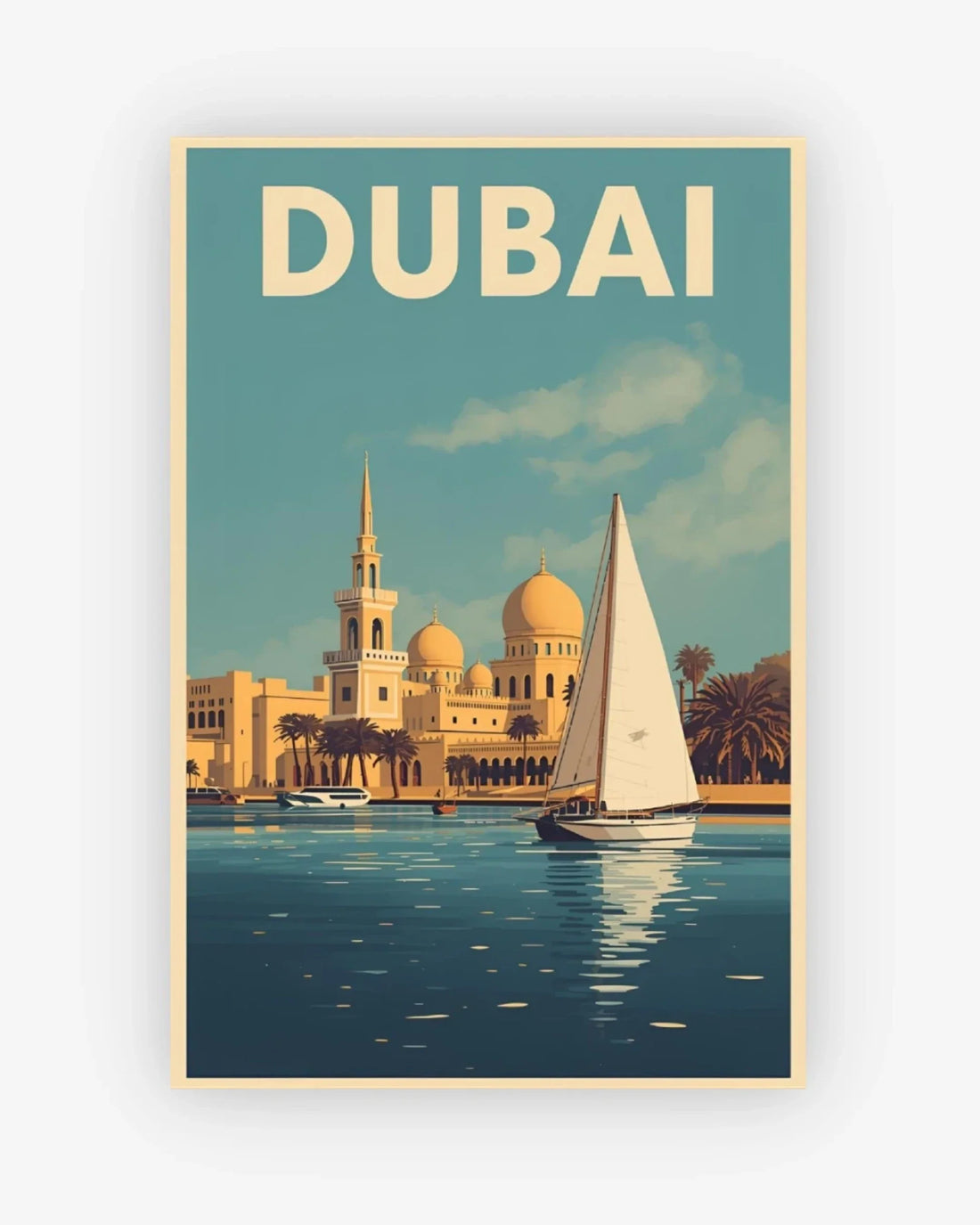 Vintage-style poster of Dubai with a sailboat on water and traditional architecture.