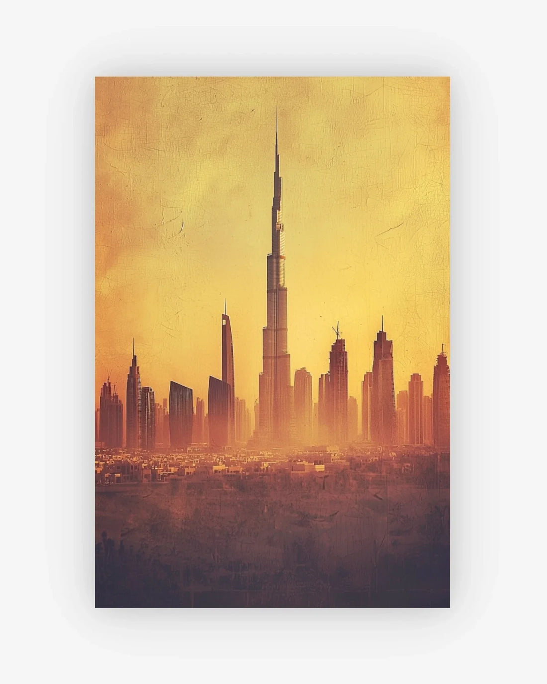 Artistic depiction of a city skyline with a prominent skyscraper against an orange sky.