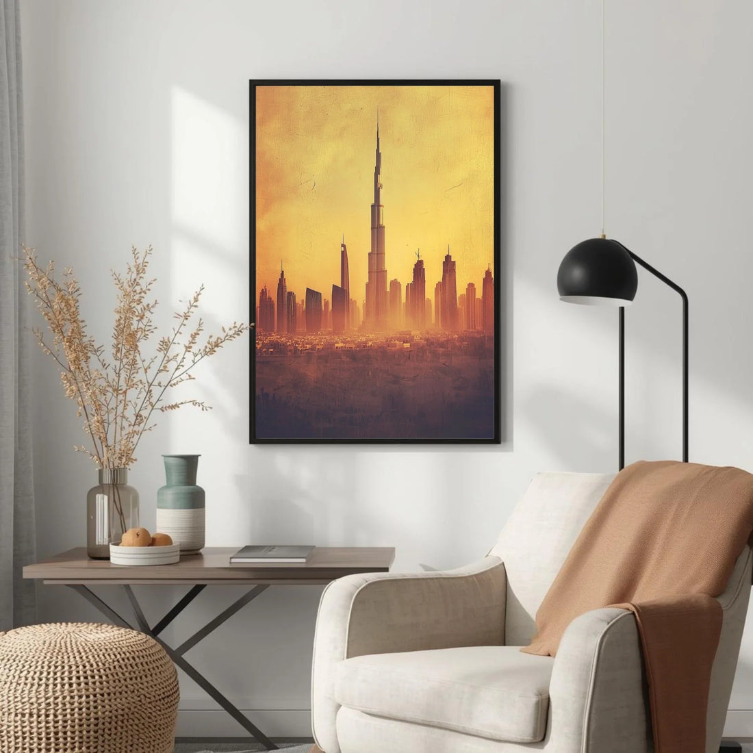 Living room with a cityscape painting on the wall, armchair, and side table.