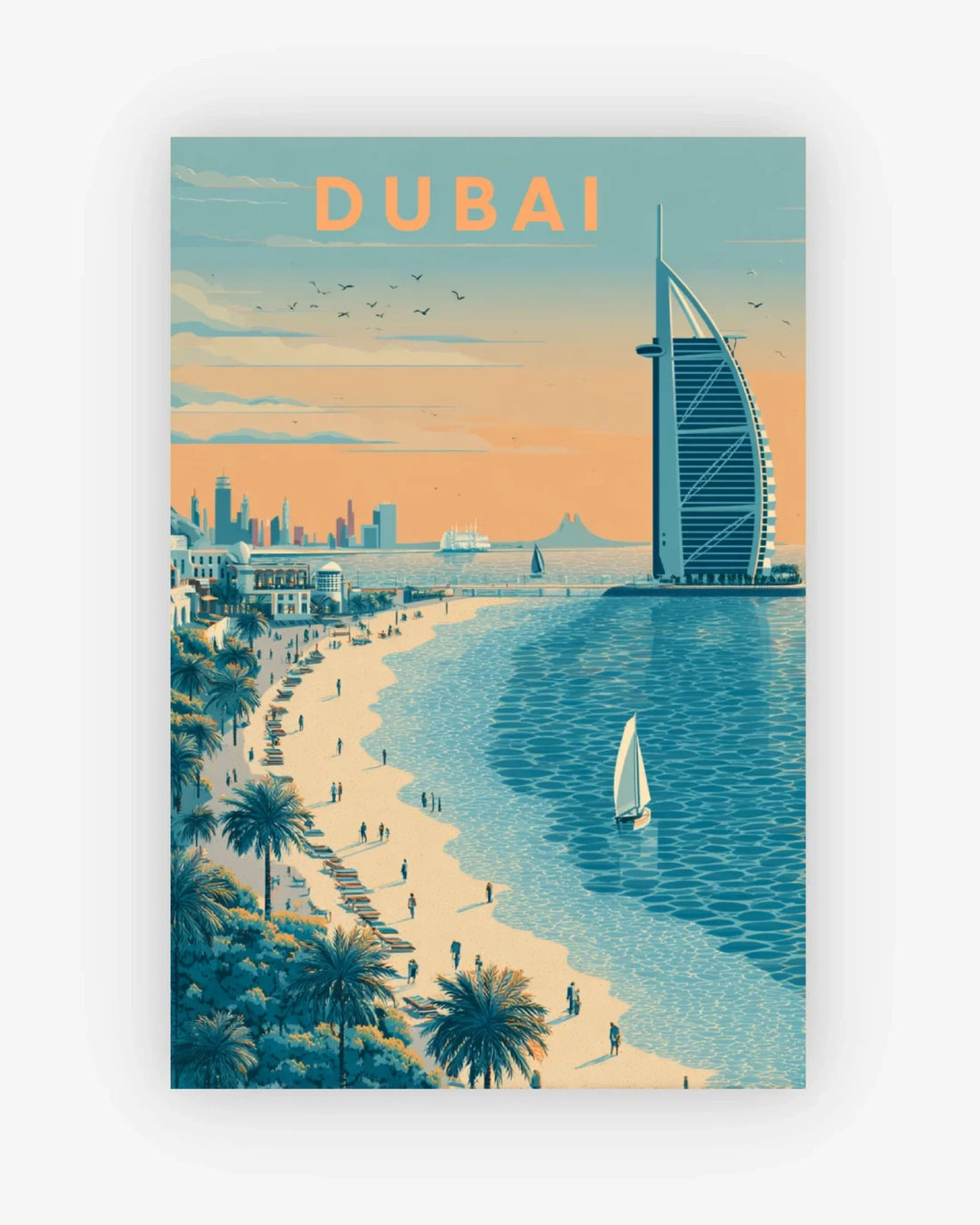 Vintage-style poster of Dubai with a beach, palm trees, and the Burj Al Arab.