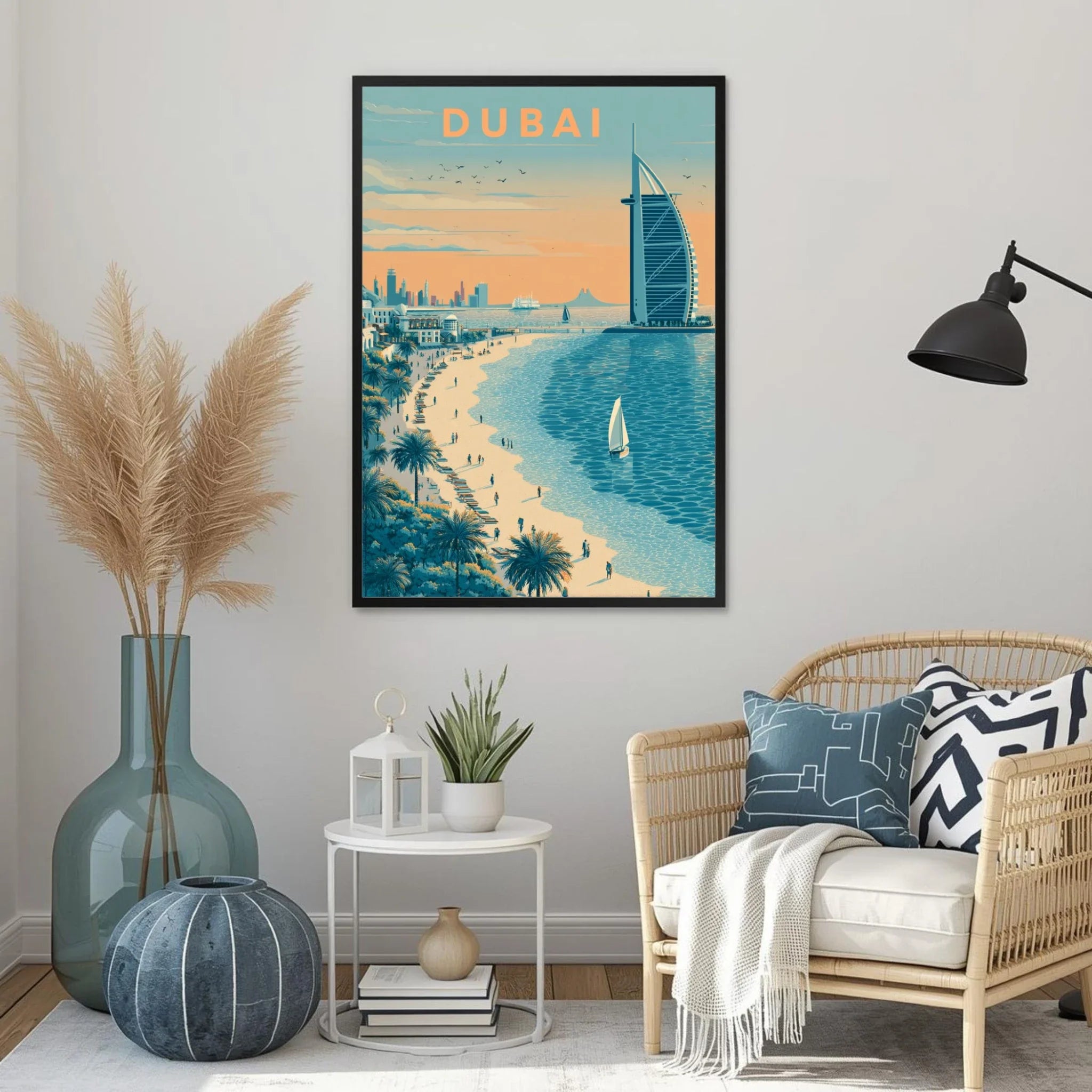 Living room with a framed poster of Dubai on the wall, featuring a beach and cityscape.