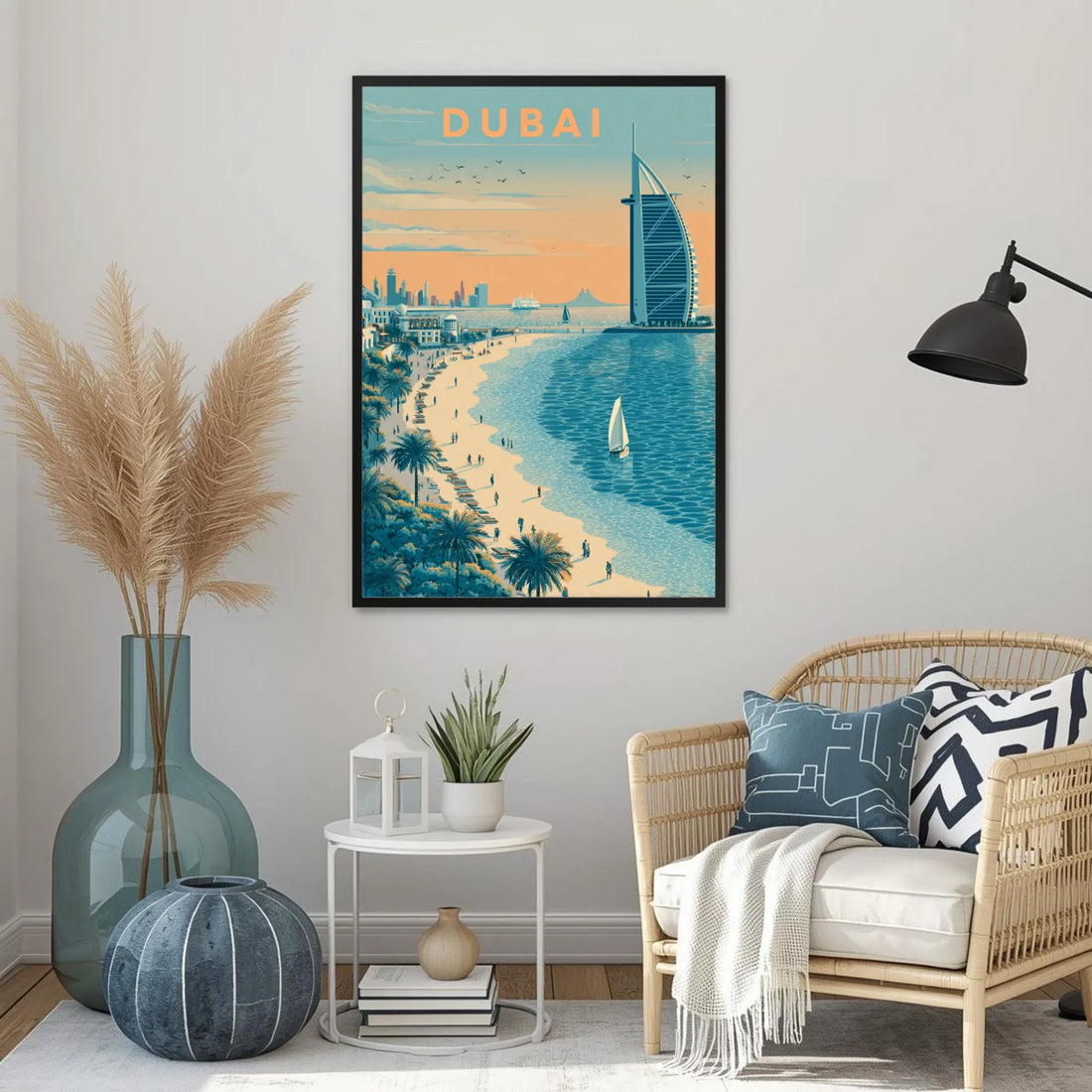 Living room with a framed poster of Dubai on the wall, featuring a beach and cityscape.