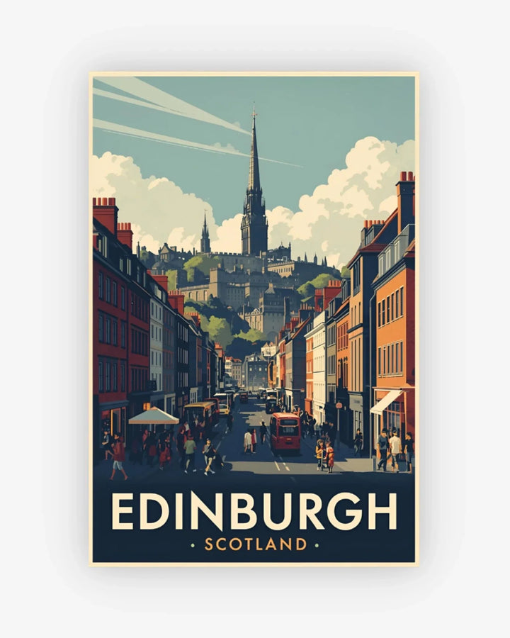 Vintage-style poster of Edinburgh, Scotland with a city street and skyline.