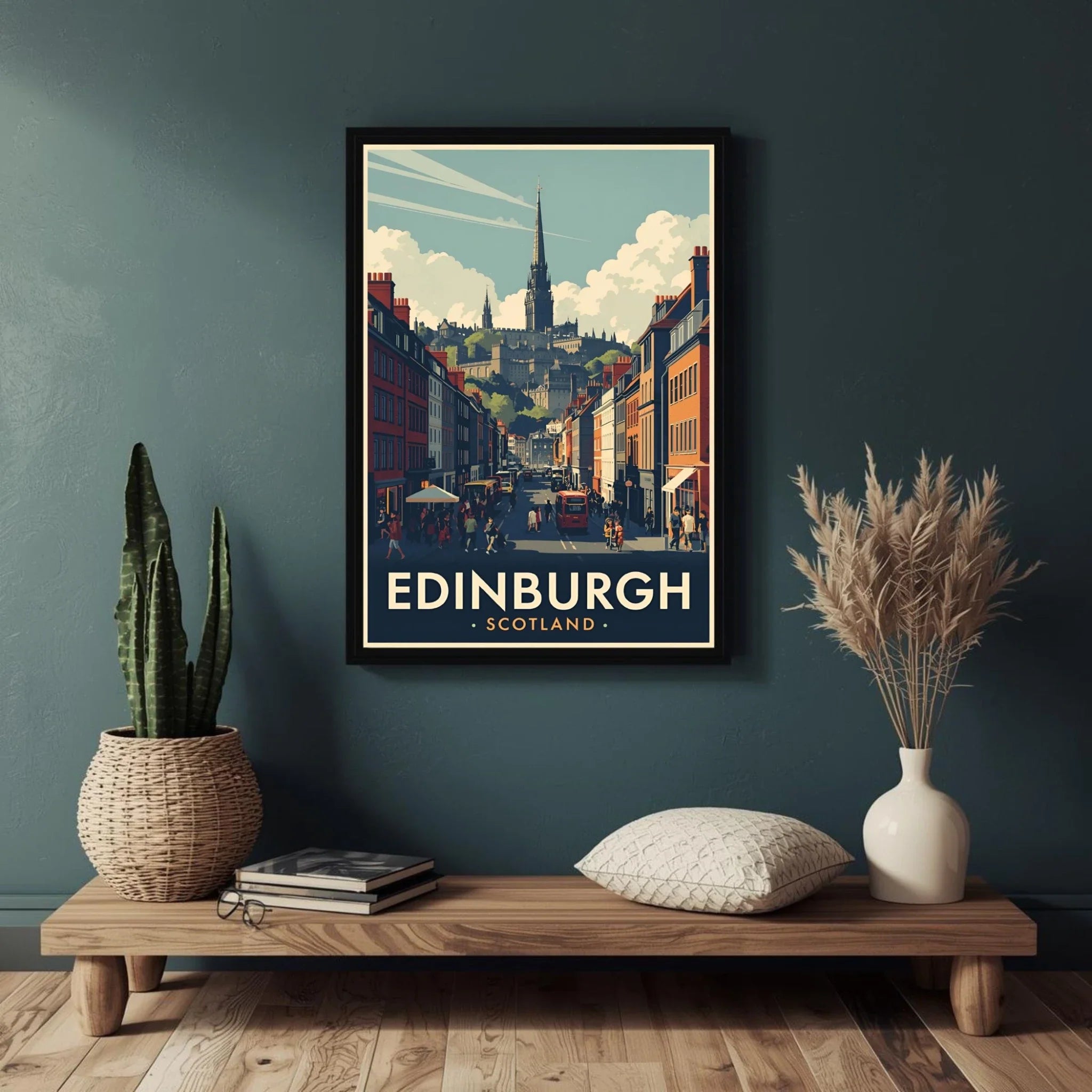 Framed Edinburgh, Scotland poster on a wall above a wooden shelf with decorative items.
