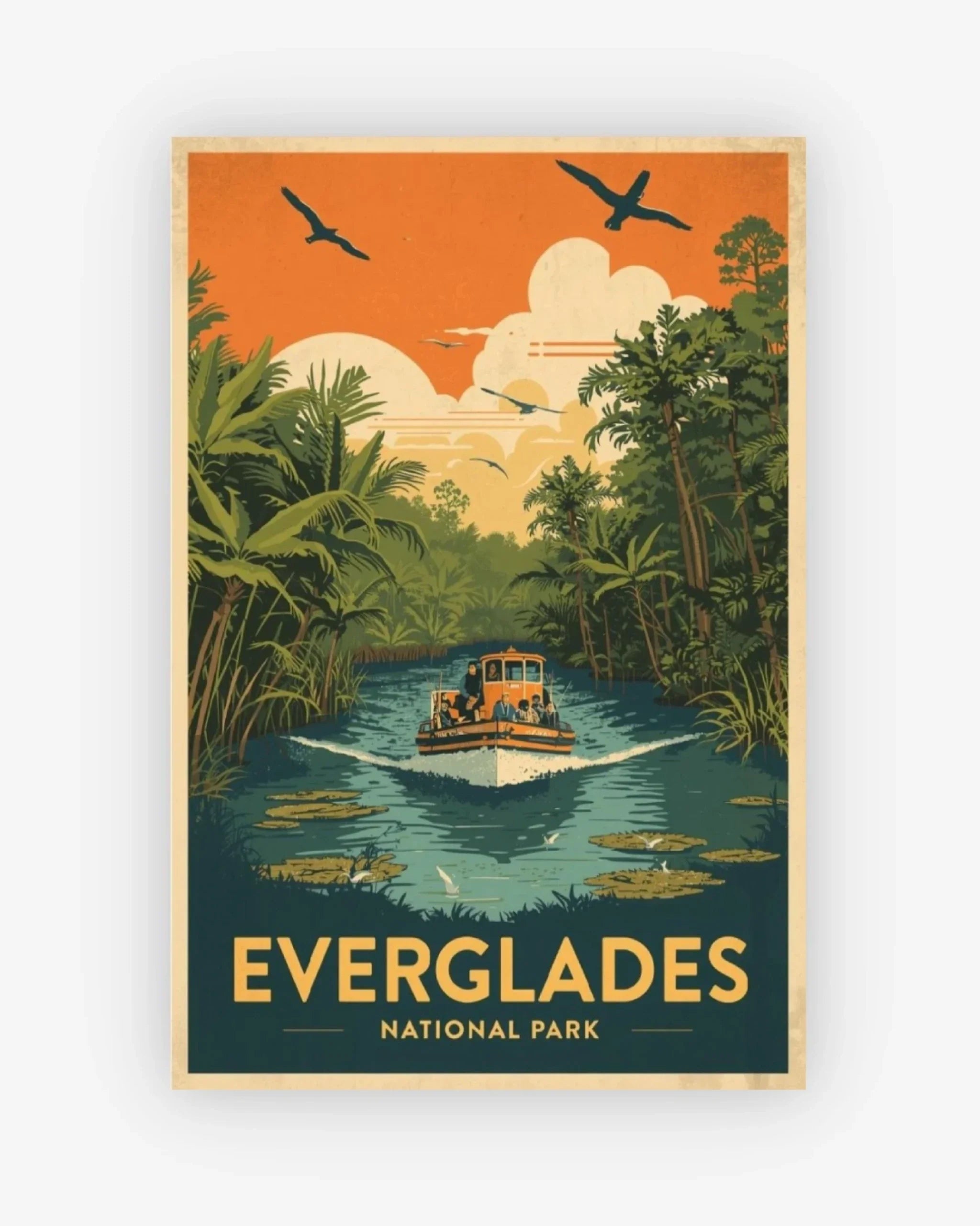 Poster of Everglades National Park with a boat and trees on an orange and blue background