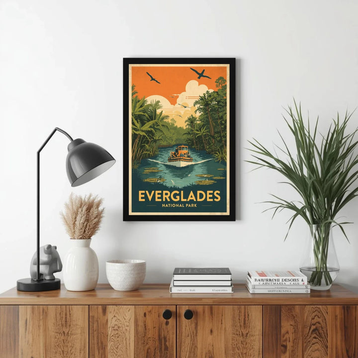 Framed poster of Everglades National Park above a wooden console table with decorative items.