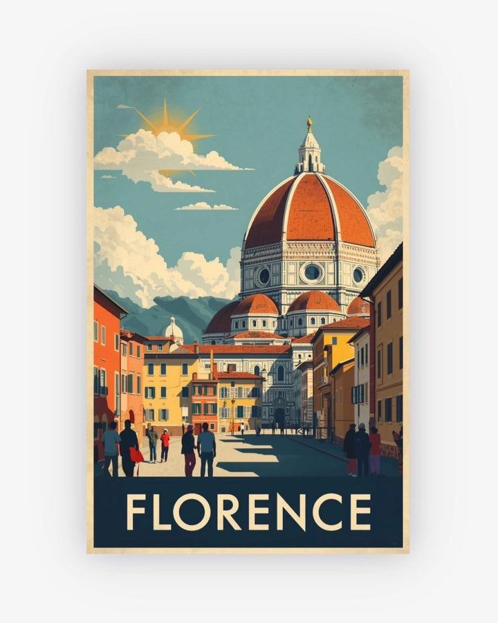 Vintage-style poster of Florence with the Duomo and people walking on the street.