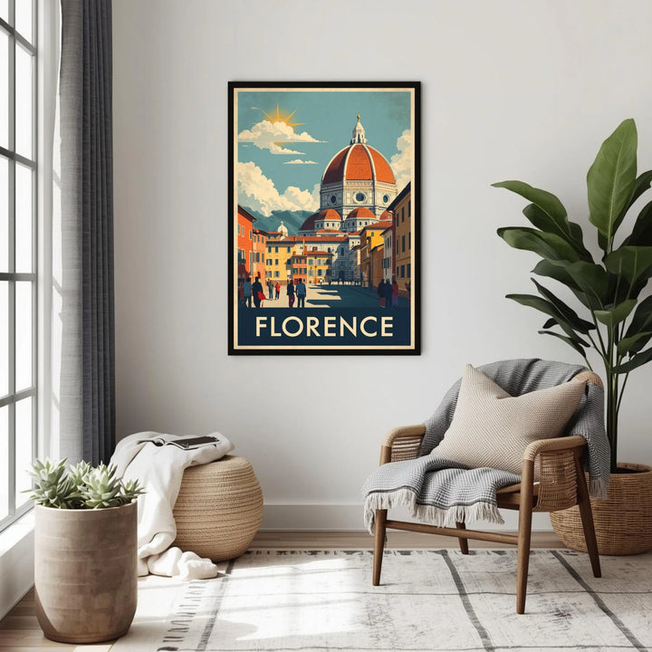Framed artwork of Florence on a wall in a living room with a chair and plants.