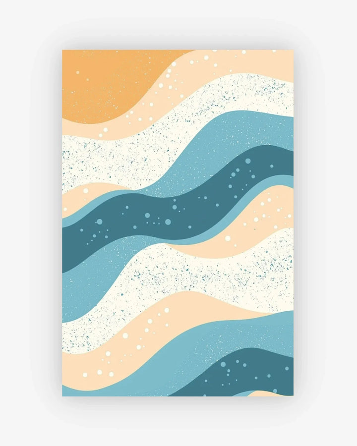 Abstract design with wavy patterns in blue, beige, and white on a light gray background