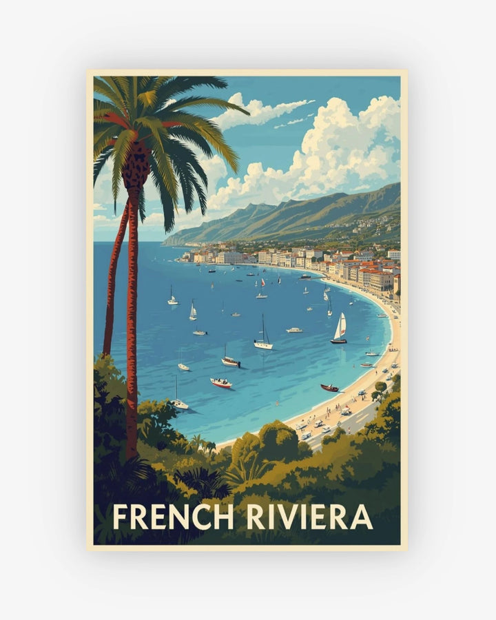 Vintage-style poster of the French Riviera with a palm tree, beach, and boats.