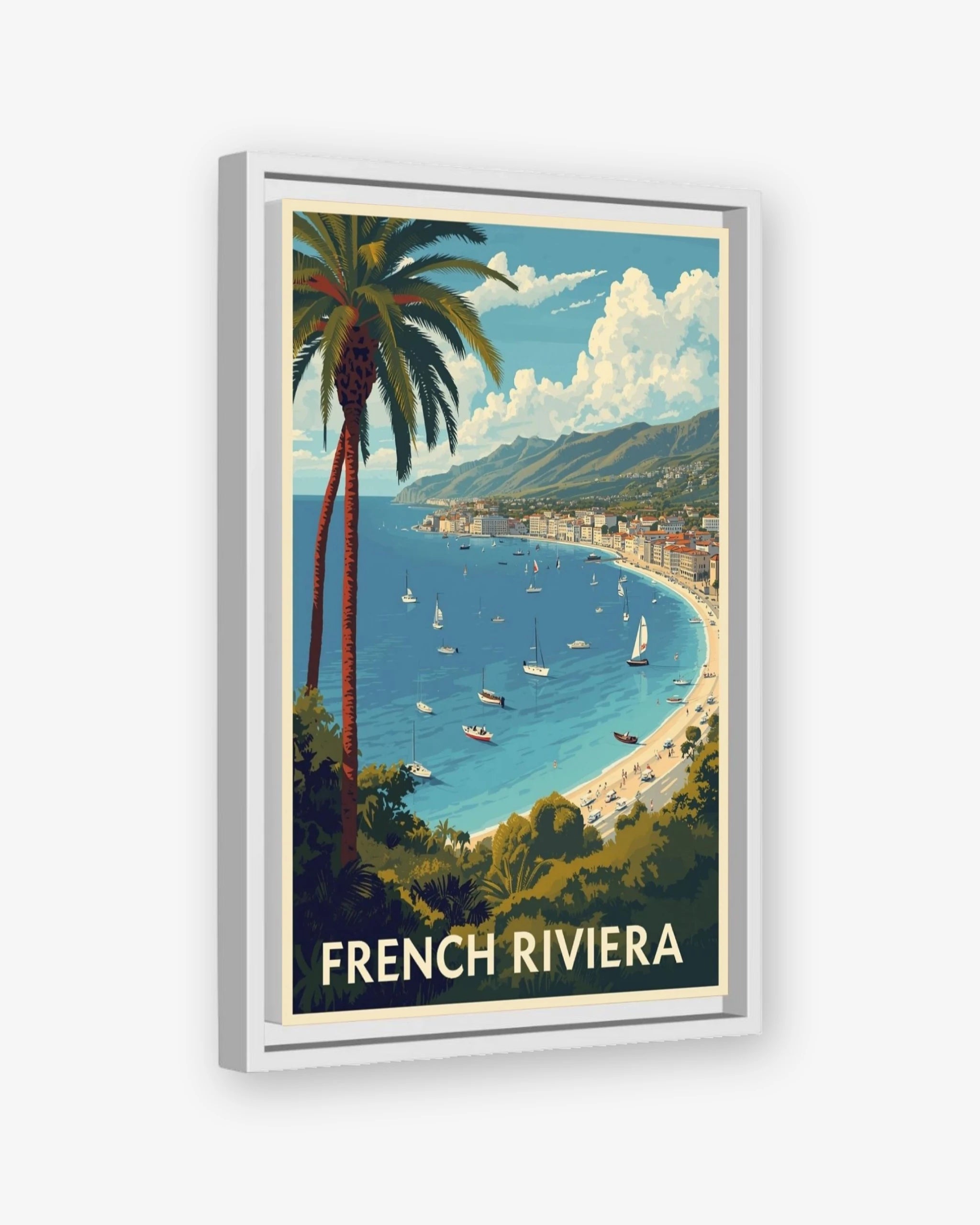 French Riviera travel poster white framed canvas
