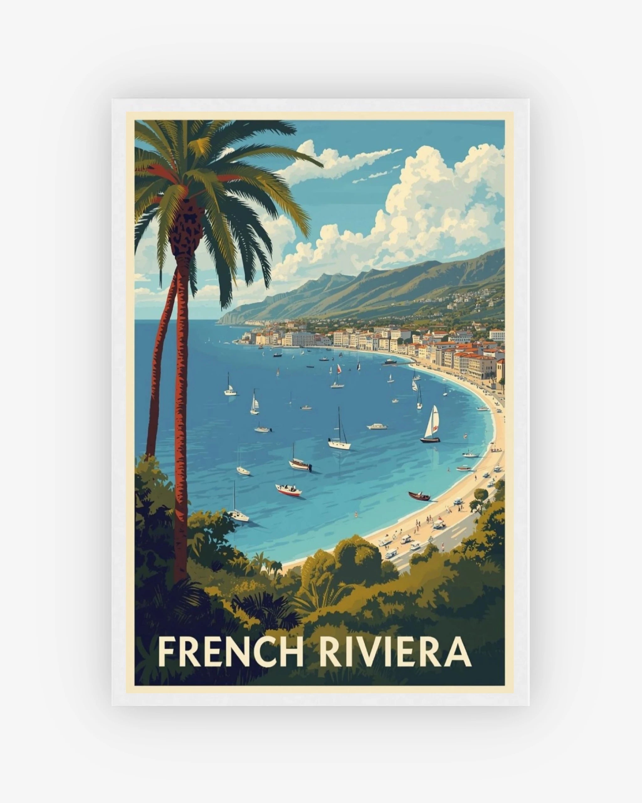 French Riviera travel poster with white frame
