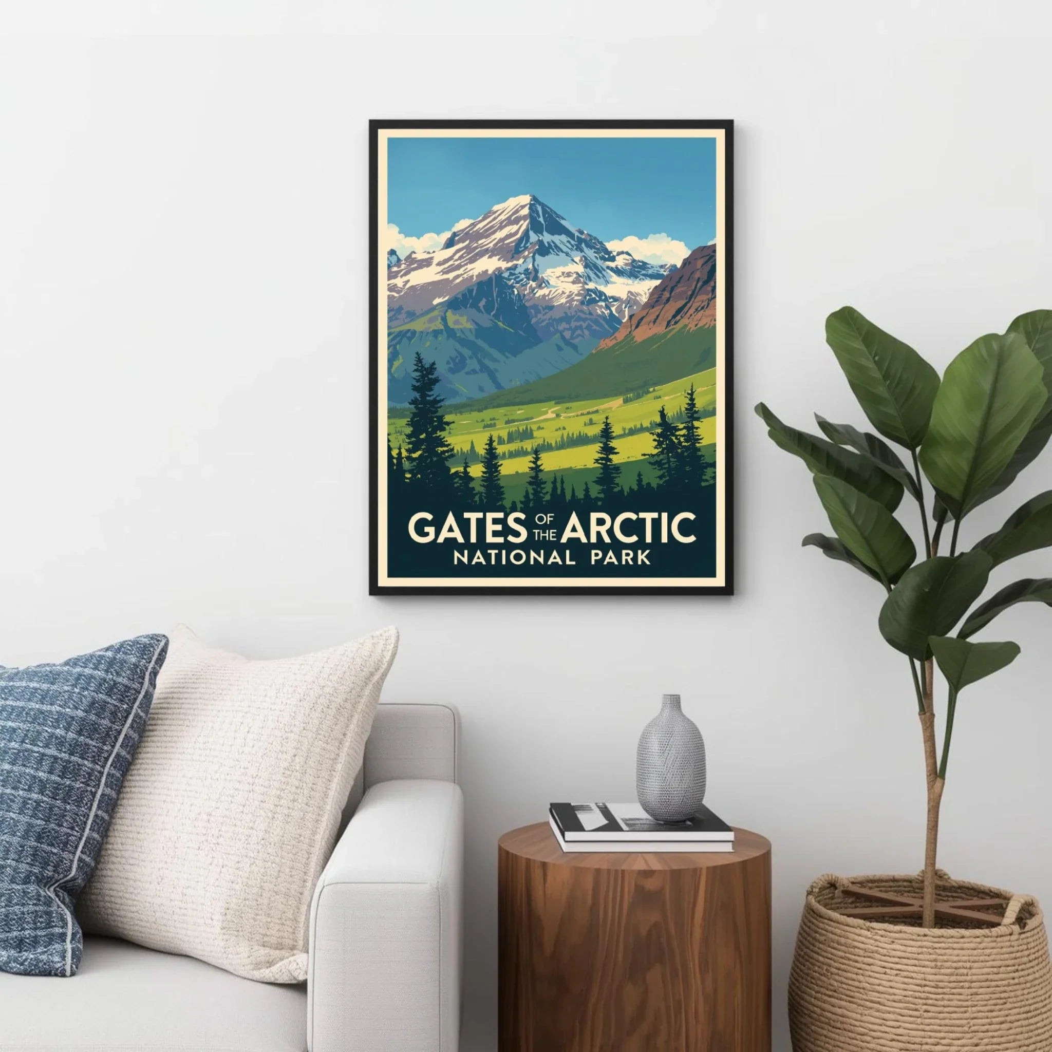Framed poster of Gates of the Arctic National Park in a living room setting.