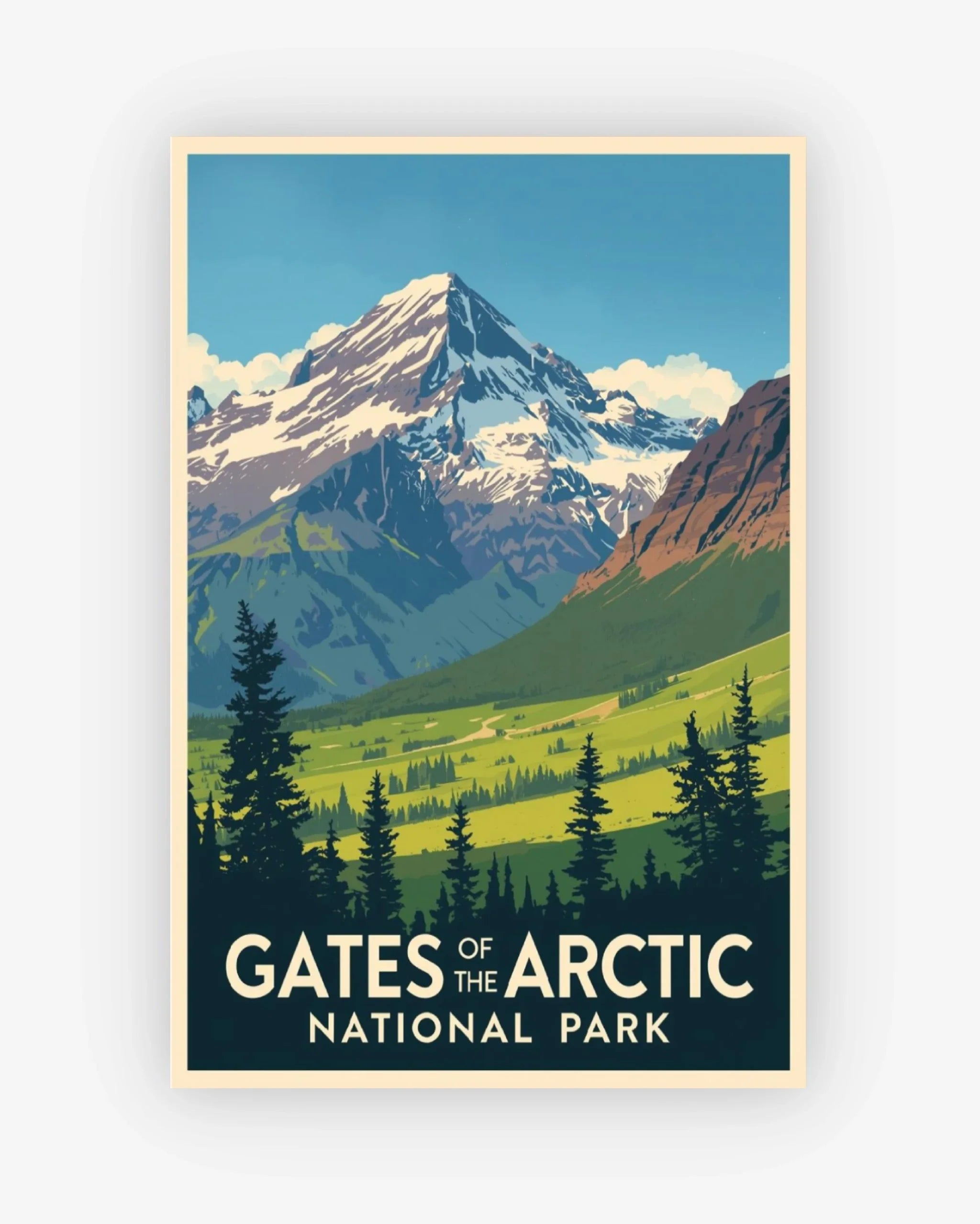 Poster of Gates of the Arctic National Park with a mountain and forest landscape.