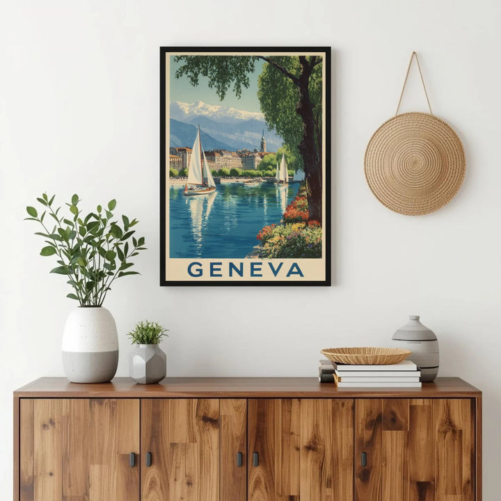 Framed poster of Geneva with a wooden cabinet and decorative items.
