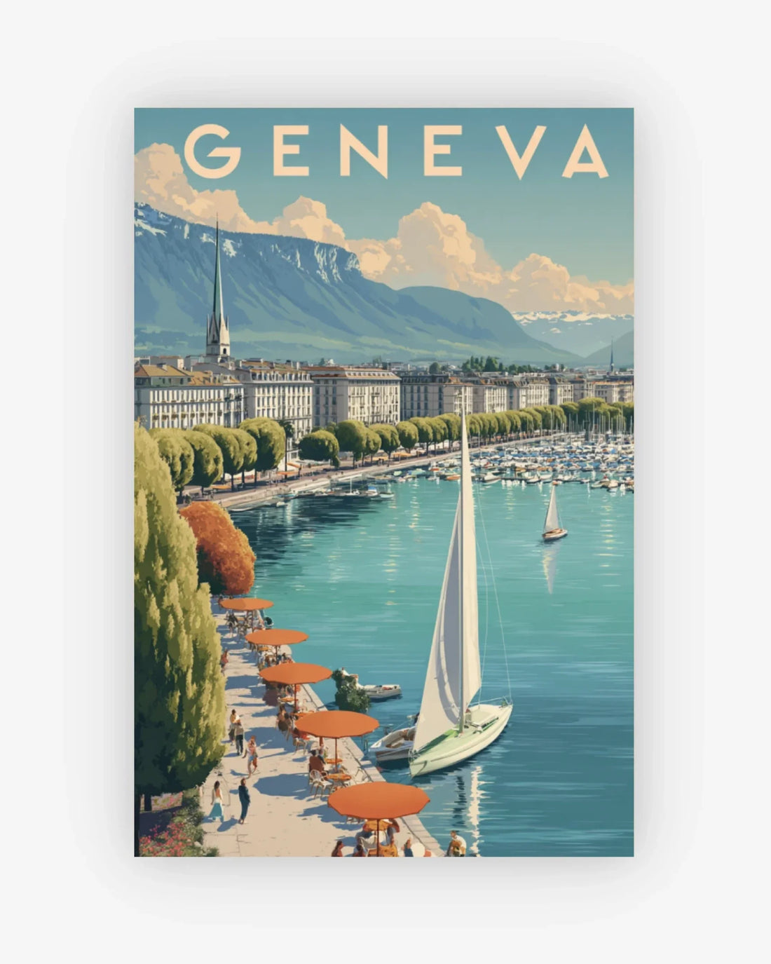 Vintage-style poster of Geneva with a lake, sailboat, and cityscape.