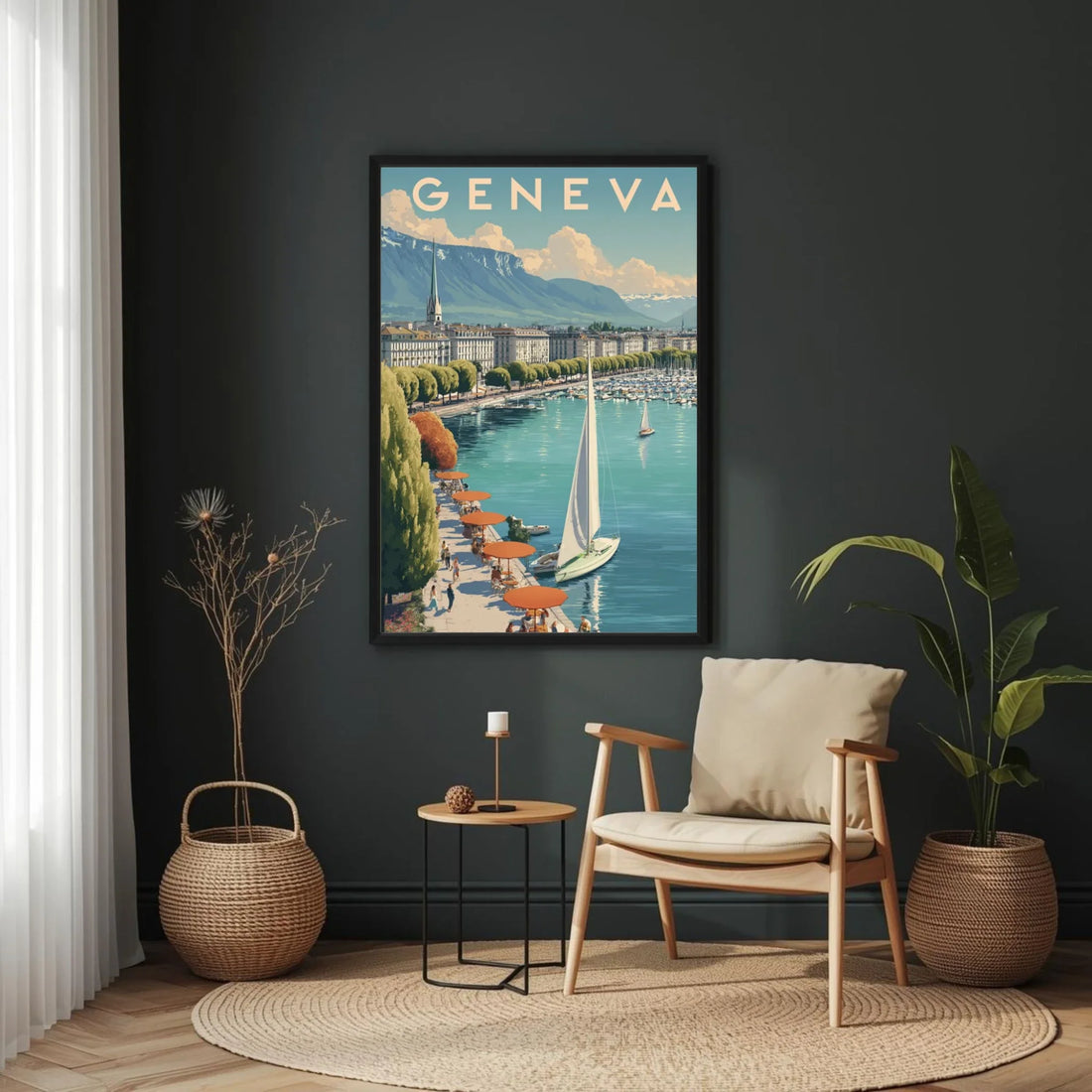 Framed poster of Geneva on a dark wall above a chair and side table.