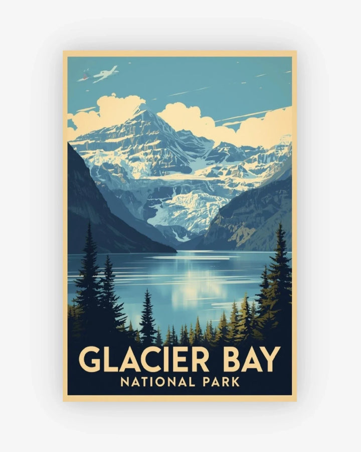 Poster of Glacier Bay National Park with mountains, lake, and trees.