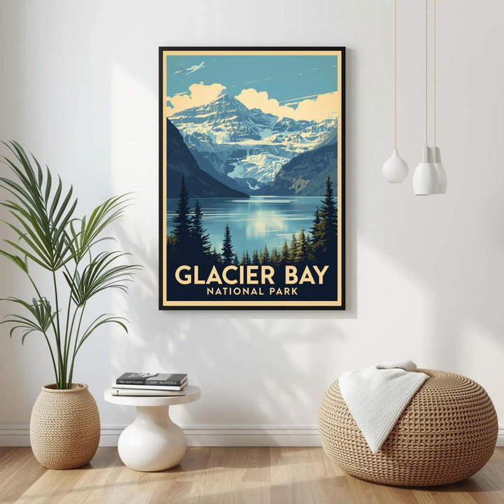 Framed poster of Glacier Bay National Park in a room with decor elements.