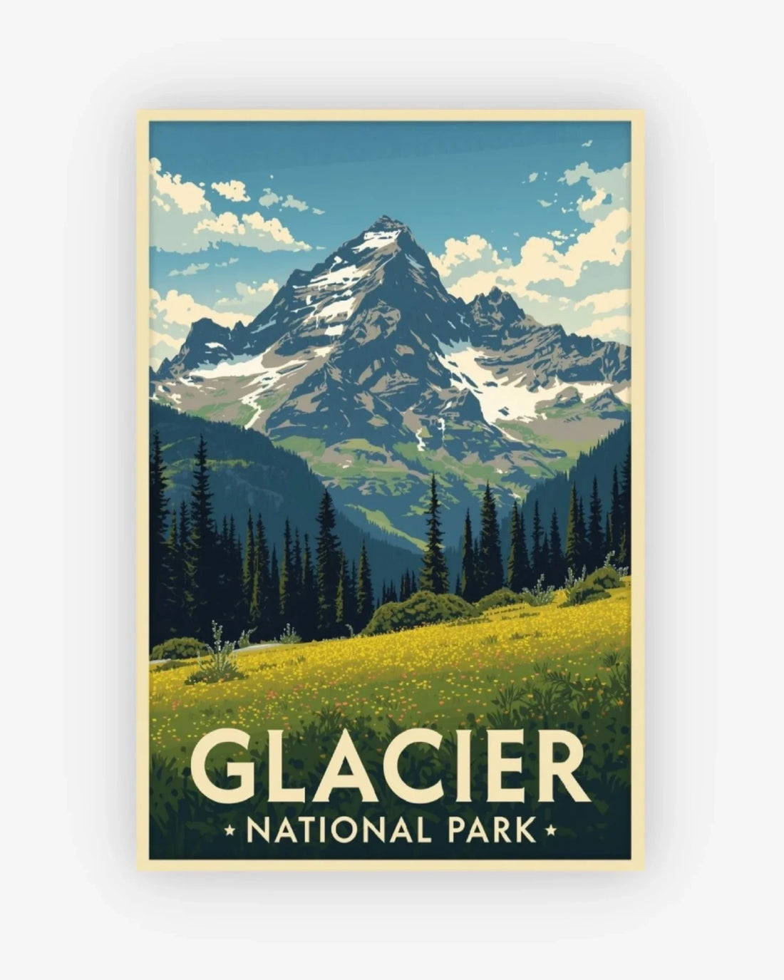 Poster of Glacier National Park with a mountain and forest landscape.