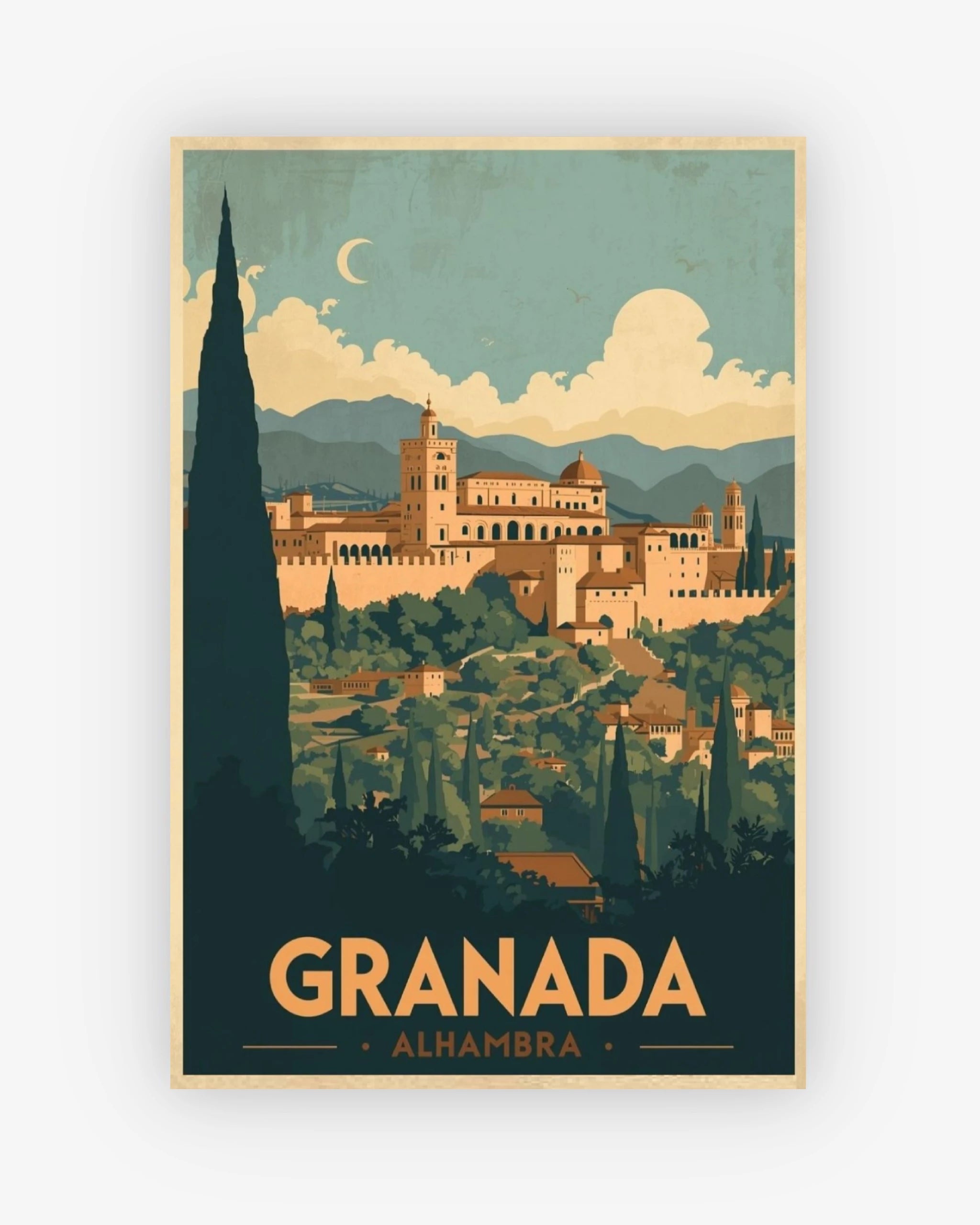 Poster of Granada with Alhambra and mountains on a green background