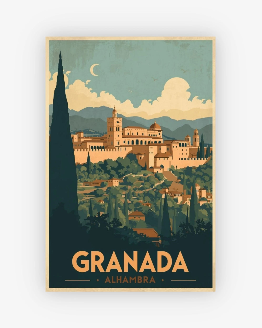 Poster of Granada with Alhambra and mountains on a green background