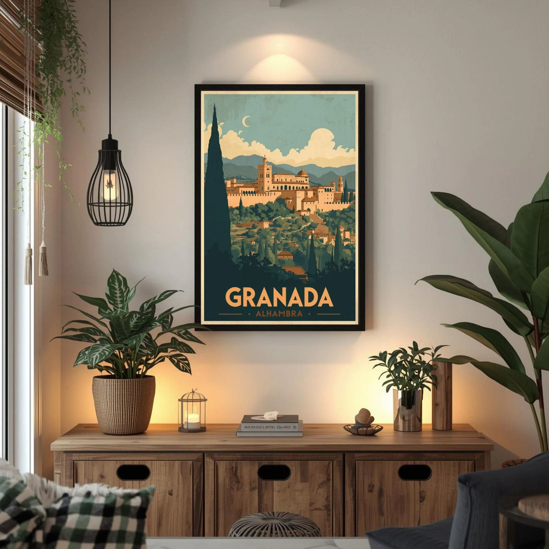Framed poster of Granada on a wall in a living room with plants and a wooden cabinet.