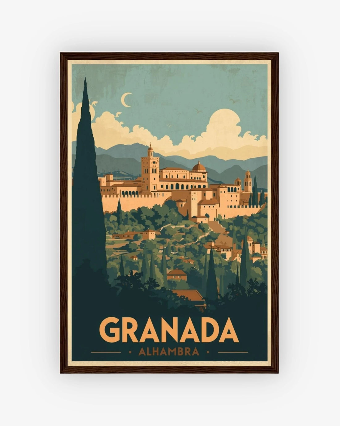 Granada Alhambra travel poster with dark wood frame