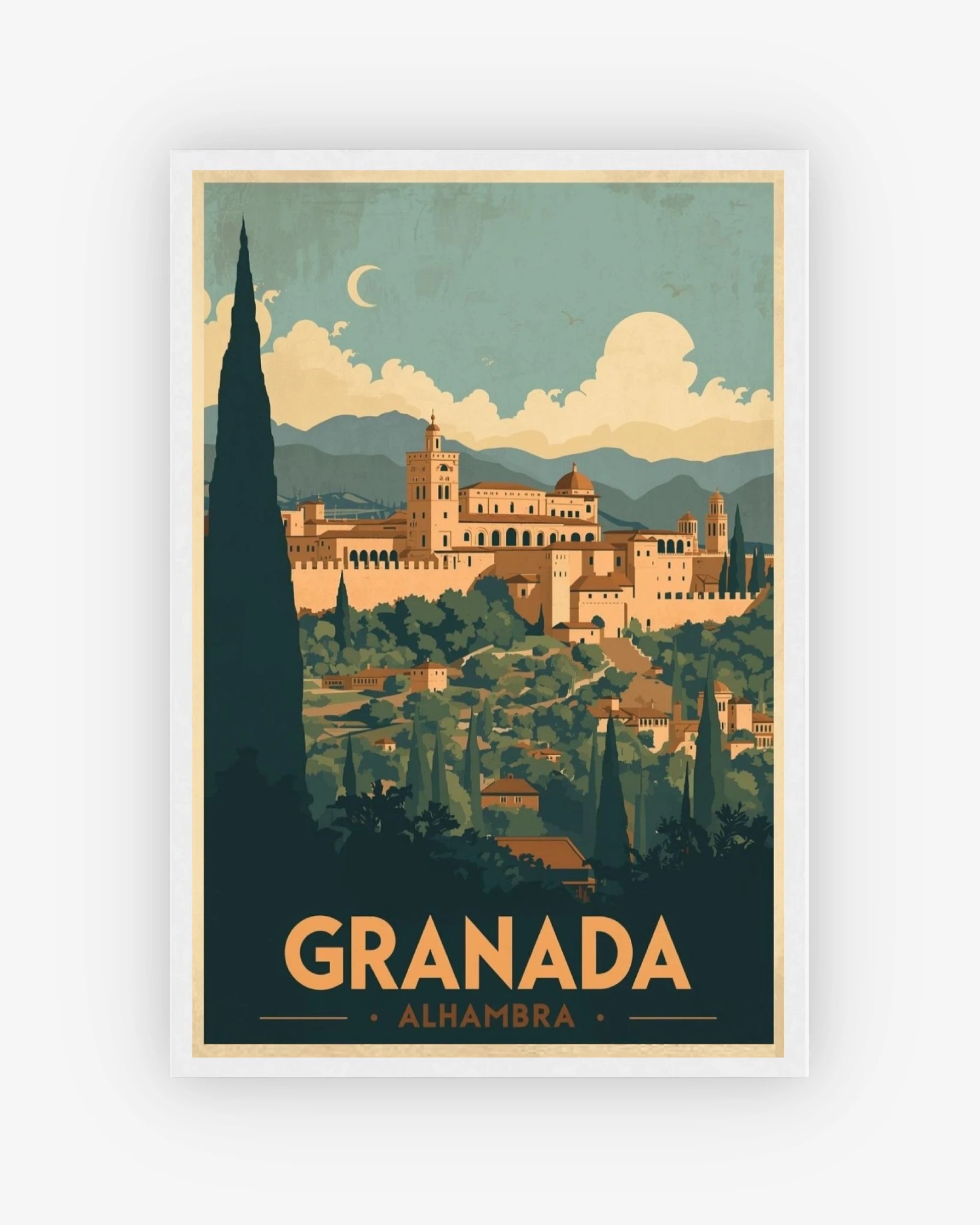 Granada Alhambra travel poster with white frame