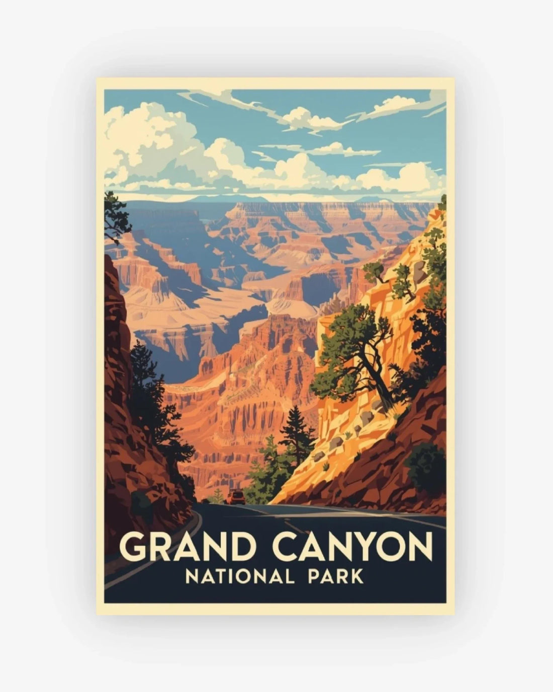Vintage-style poster of Grand Canyon National Park with a scenic view and text.